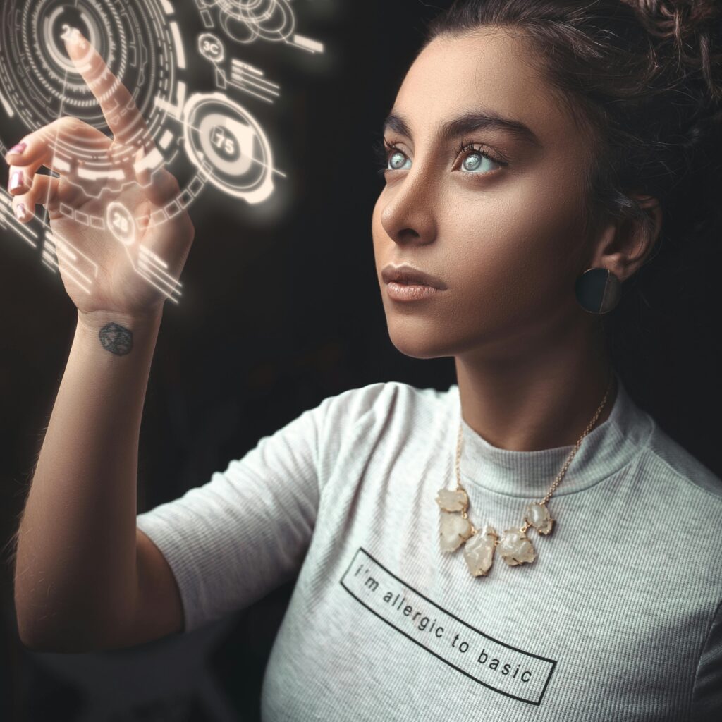 Woman using augmented reality for online shopping.